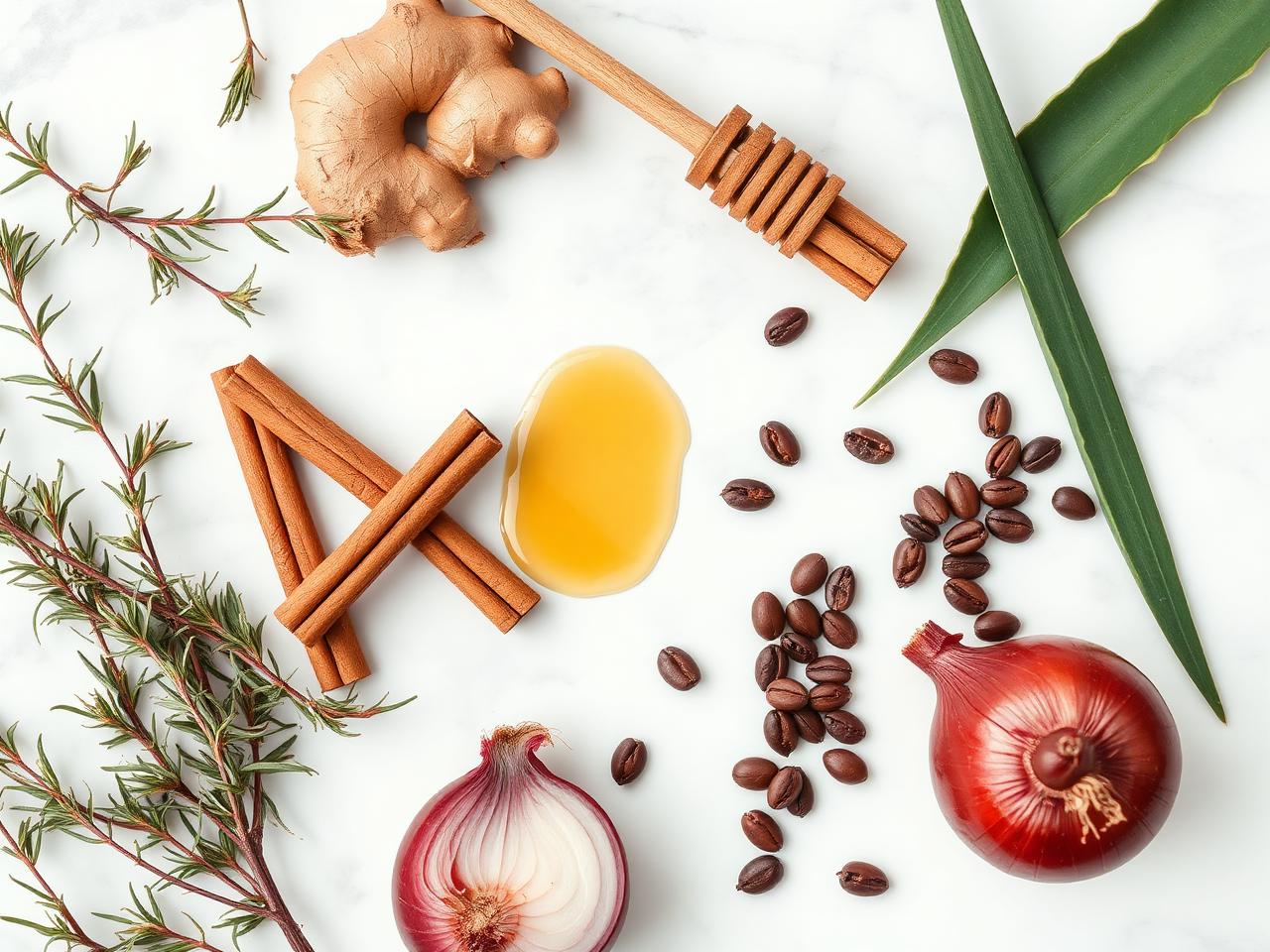 Ingredientes naturales: romero, jengibre, canela, miel, sábila, café y cebolla